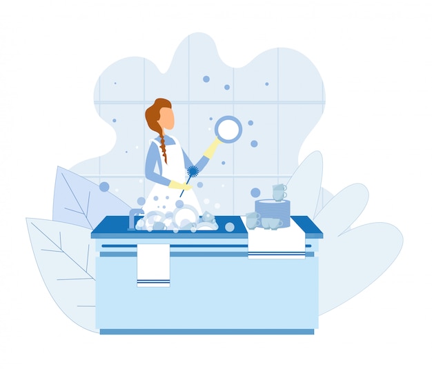 Vector woman washing dishes after cooking illustration