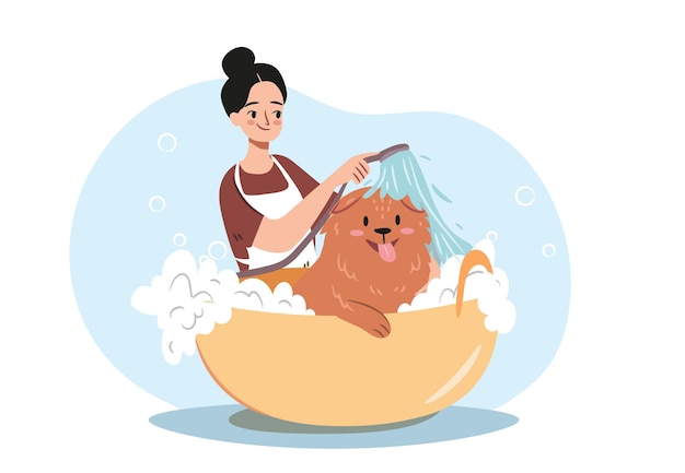 Vector woman washing a dog in a grooming shop