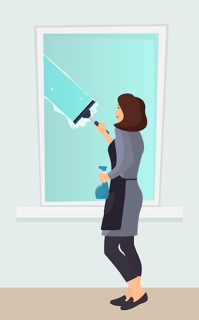 Woman washing the window with a scraper Window cleaning Scraper glides over the glass