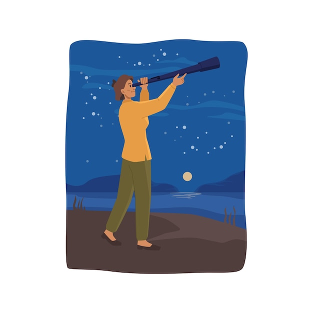 Vector woman watching starry sky through telescope vector