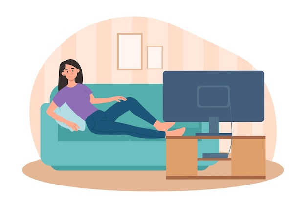 Vector woman watching tv rest after work entertainment in house comfort and coziness lazy character on