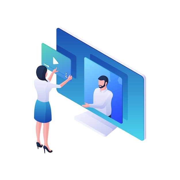 Woman watching video stream service isometric illustration. female character plays online video on monitor with male announcer. modern blogging multimedia programs and clips  concept.