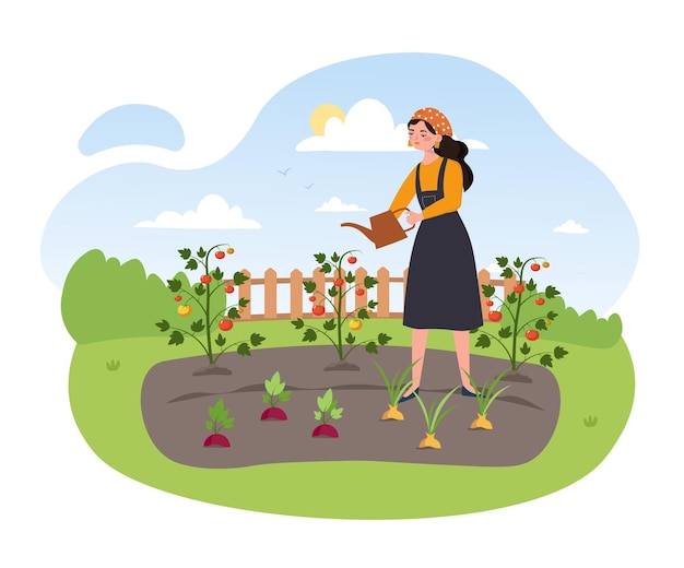 Woman watering garden concept female character takes care of plants to get rich harvest of fruits