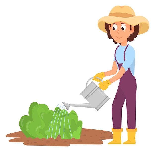 Woman watering green plants Cartoon gardener or farm worker