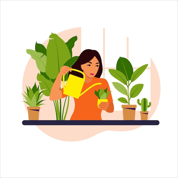 집 그림에서 Houseplants를 급수하는 여자.