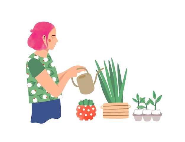 Женщина поливает комнатные растения плоские векторные иллюстрации. Девушка заботится о горшечных растениях мультипликационный персонаж. Хипстерская девочка с лейкой, любитель садоводства. Концепция городского садоводства.