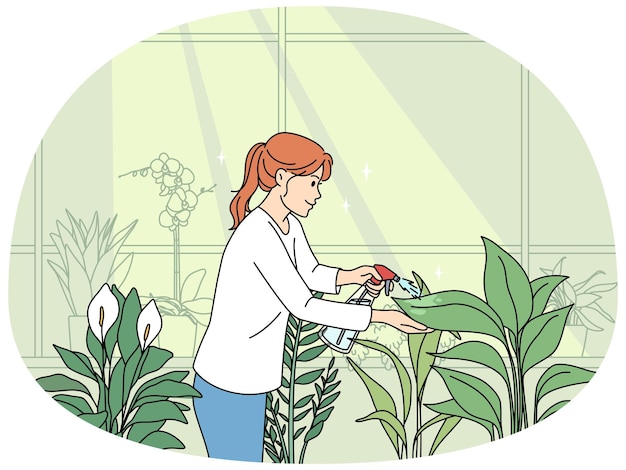 Woman watering houseplants at home Female gardener take care of plants in indoors greenhouse or garden Hobby and horticulture Vector illustration