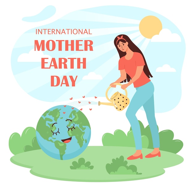 Вектор Женщина поливает маленького персонажа планеты земля из лейки международный день матери-земли