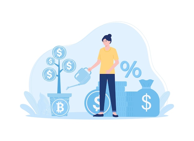 A woman watering a money tree investment trending concept flat illustration