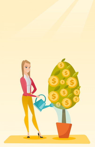 Woman watering money tree.