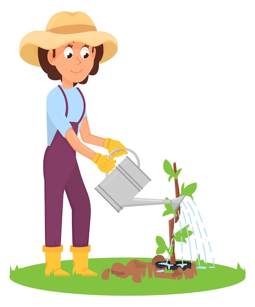 Woman watering plant cartoon farmer growing tree