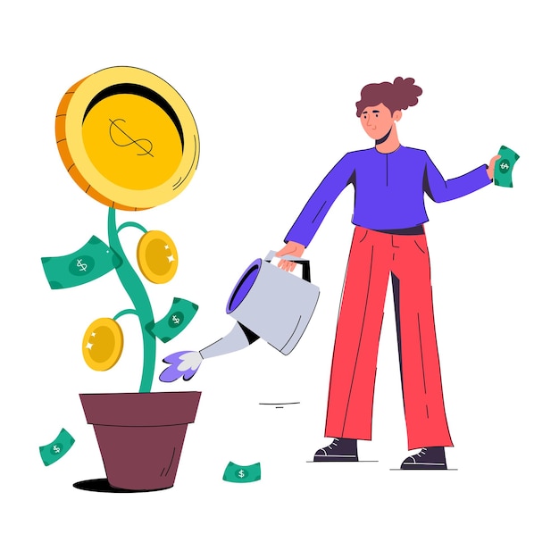 A woman watering a plant with money in it.