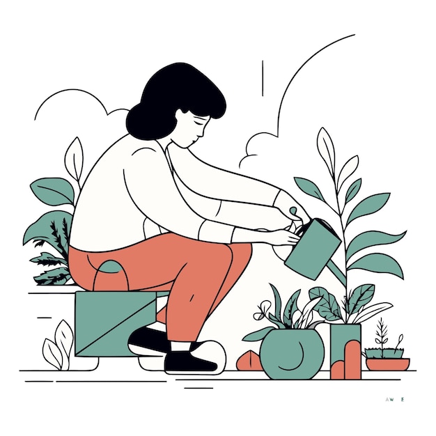Vector woman watering plants in the garden flat line art style vector illustration