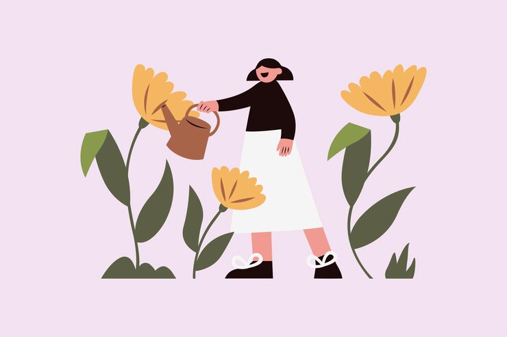 Woman watering plants in garden Vector Illustration