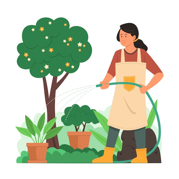 Vector woman watering plants in garden