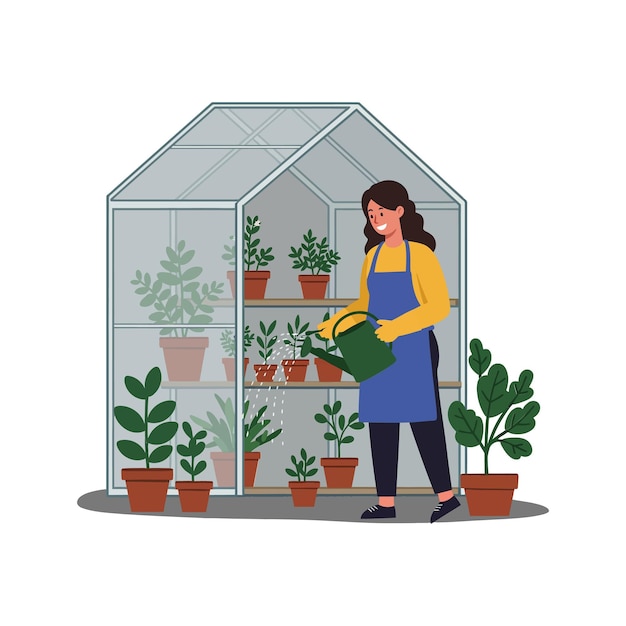 Woman watering plants in a greenhouse flat design style colorful vector illustration