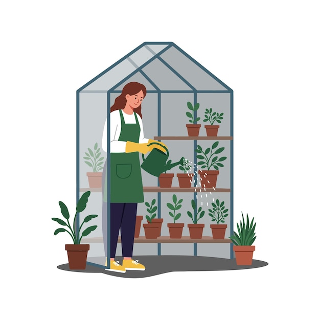 Woman watering plants in a greenhouse using flat vector illustration