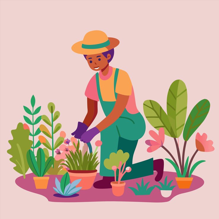 Vector a woman watering plants with a pink background with a man watering flowers