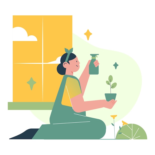 女性が植物に水を注ぐ