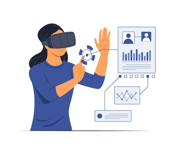 Vector woman wear the virtual reality glasses to watch the infographic