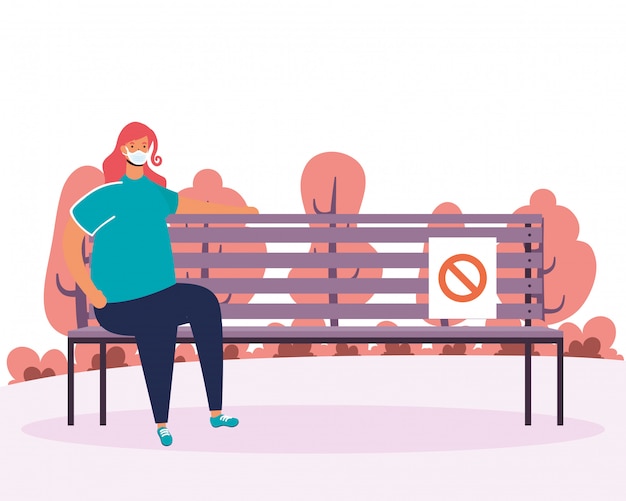 Vector woman wearign medical mask seated in park chair scene