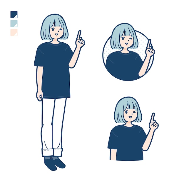 Vector a woman wearing a big size tshirt with pointing hand sign images