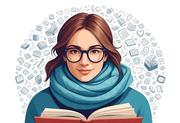 a woman wearing a blue scarf with glasses reading a book with a background of books