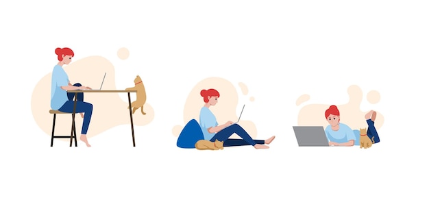 Donna che indossa abiti casual utilizzando il laptop in diverse pose, illustrazione vettoriale