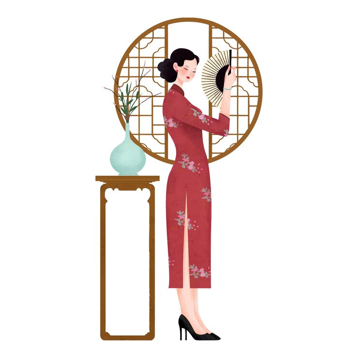 Vector woman wearing a cheongsam is holding a fan by the window