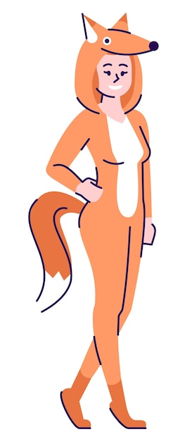キツネの衣装を着ている女性セミフラットRGBカラーベクトルイラスト。ポーズ図。エンターテインメント業界でのキャリア。白い背景の上のプロの衣装キャラクターパフォーマー孤立した漫画のキャラクター