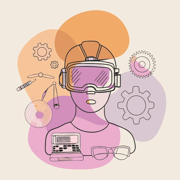 Vector a woman wearing goggles with a computer and a computer mouse