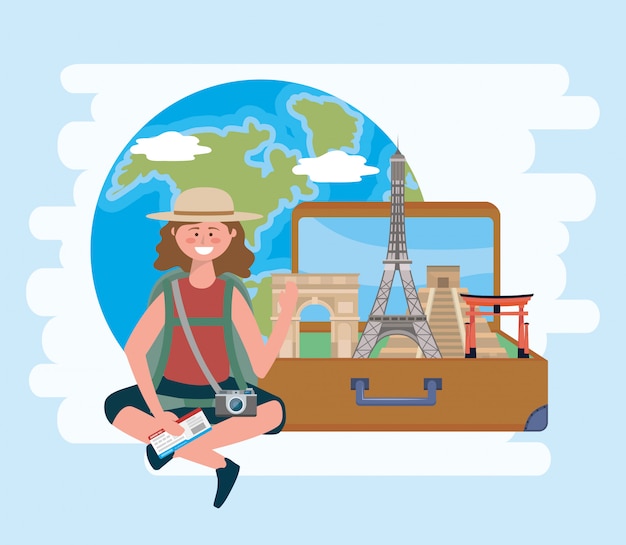 Vector woman wearing hat and sitting with backpack and camera