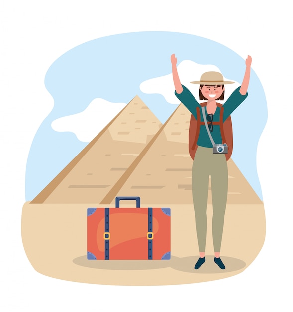 Vector woman wearing hat with backpack and egyptian pyramid