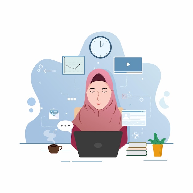 woman wearing hijab at work. Muslim woman multitasking