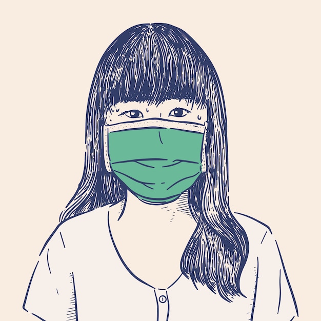 Woman wearing hygienic mask to prevent infection, hand draw sketch .