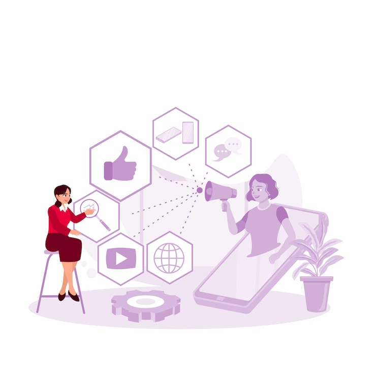 Vector woman wearing a megaphone and different icons for the digital marketing concept