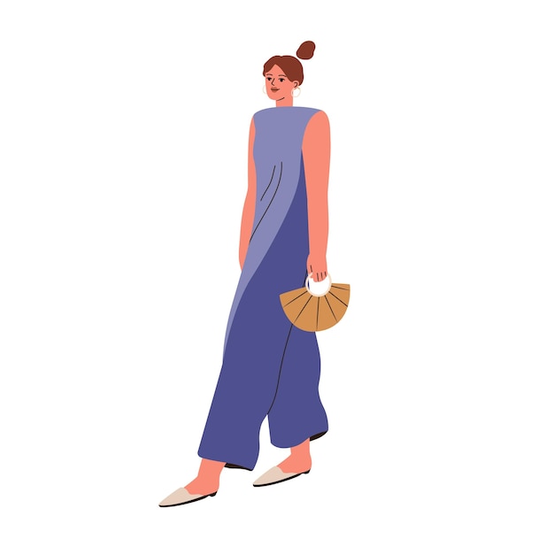 Woman wearing modern casual summer apparel. Girl going in loose sleeveless jumpsuit, bag. Female walking in fashion clothes, accessories. Flat vector illustration isolated on white background.