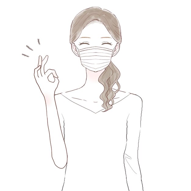 Woman wearing a nonwoven mask and making an ok sign. on white background.