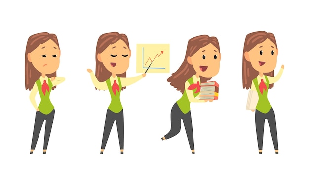 Woman Wearing Office Uniform and Working on Project During the Day Vector Set