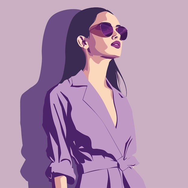 一個穿著紫色禮服和太陽眼鏡的女人站在紫色照片中