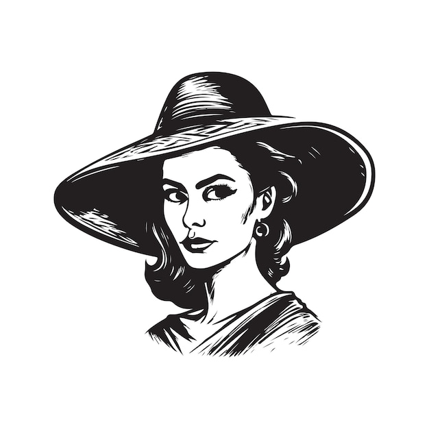Woman wearing sombrero hat vintage logo concept black and white color hand drawn illustration
