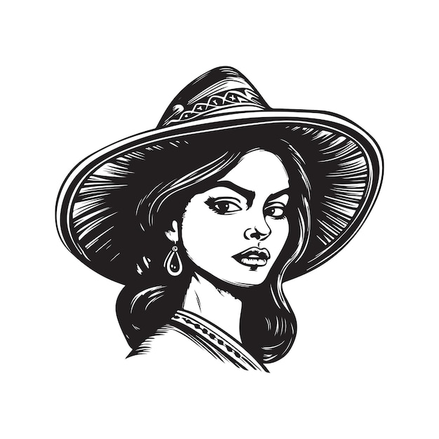 Woman wearing sombrero hat vintage logo concept black and white color hand drawn illustration