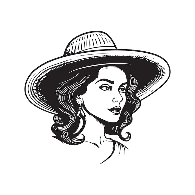 Woman wearing sombrero hat vintage logo concept black and white color hand drawn illustration