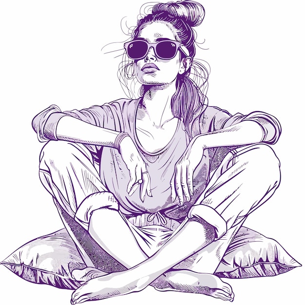 женщина в солнцезащитных очках сидит на подушке с перекрестными ногами