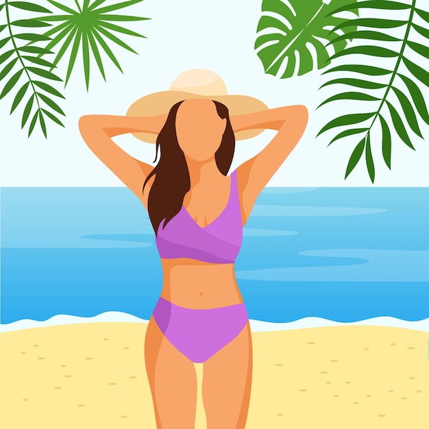 Woman wearing swimsuit and hat on the beach Sea on background Flat vector illustration