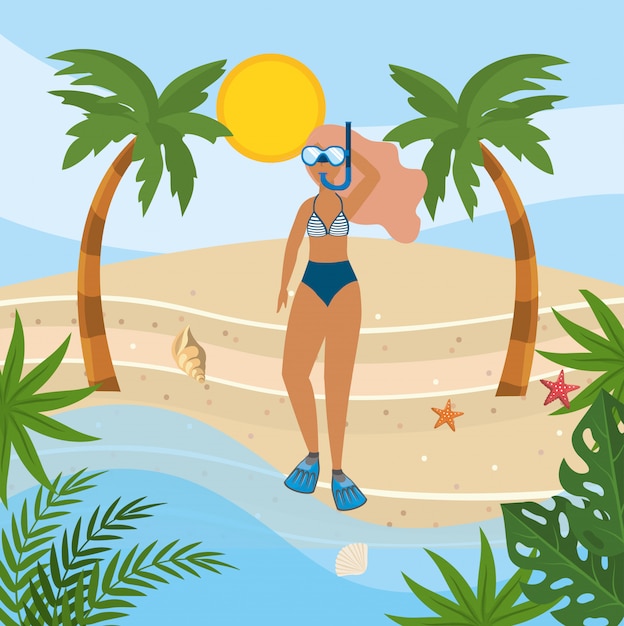 Vector woman wearing swimsuit with snorkel masks and leaves plants