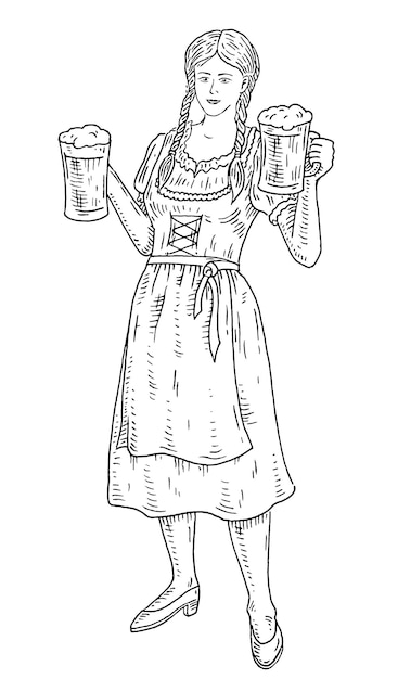 Vector woman wearing traditional bavarian dress holding beer mug engraving for oktoberfest festival