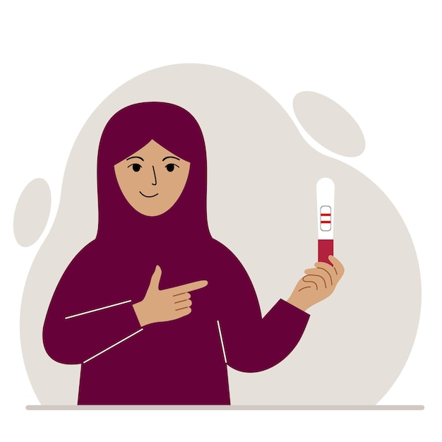 A woman wearing a traditional Islamic headscarf smiles and looks at a positive pregnancy test result. Vector flat illustration