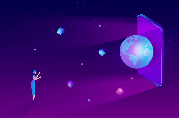 Vector woman wearing virtual reality goggle glass having 3d experience in virtual reality in metaverse wor
