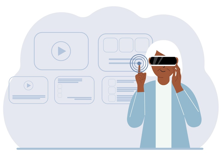 Vector a woman wearing a virtual reality headset studies works plays and works